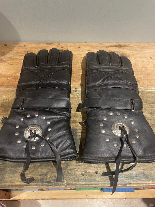 Unisex Leather Cold Weather Motorcycle Gloves, Black with Silver Conchos, XXL