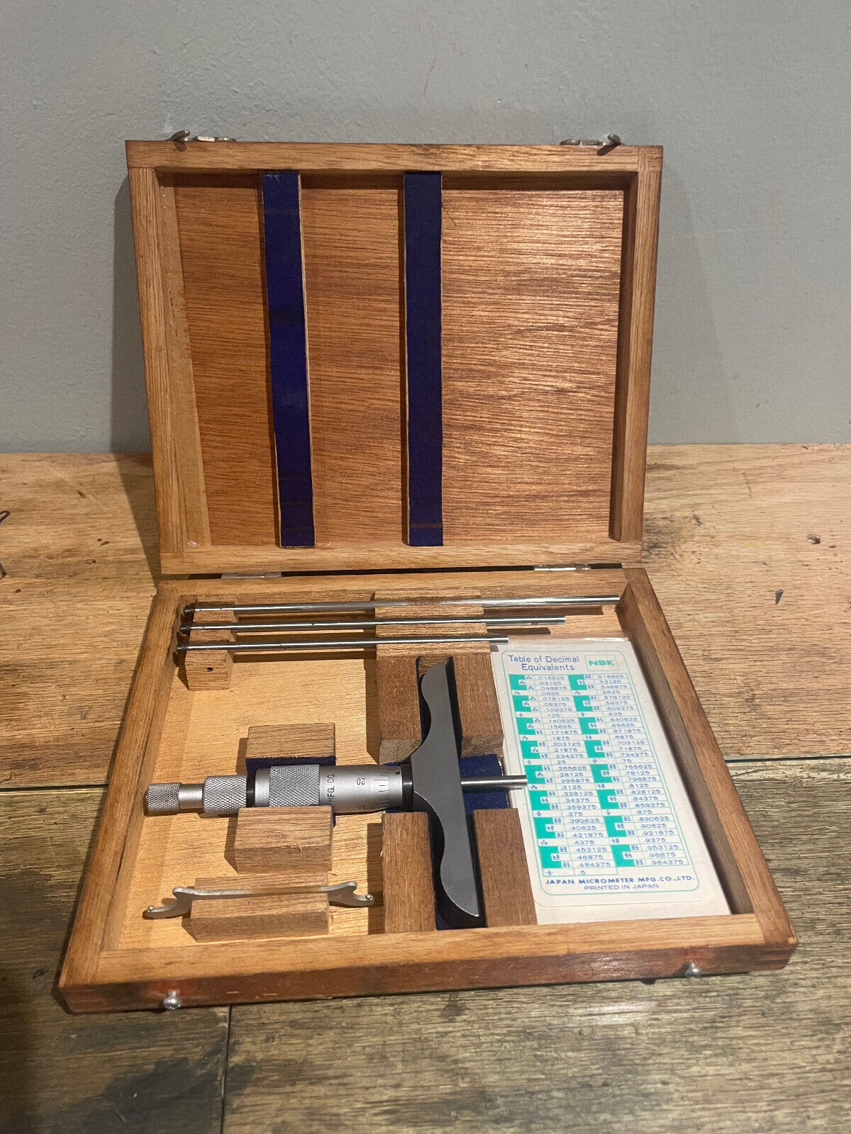 Machinist Depth Micrometer with Original Wooden Box and Operating Instructions